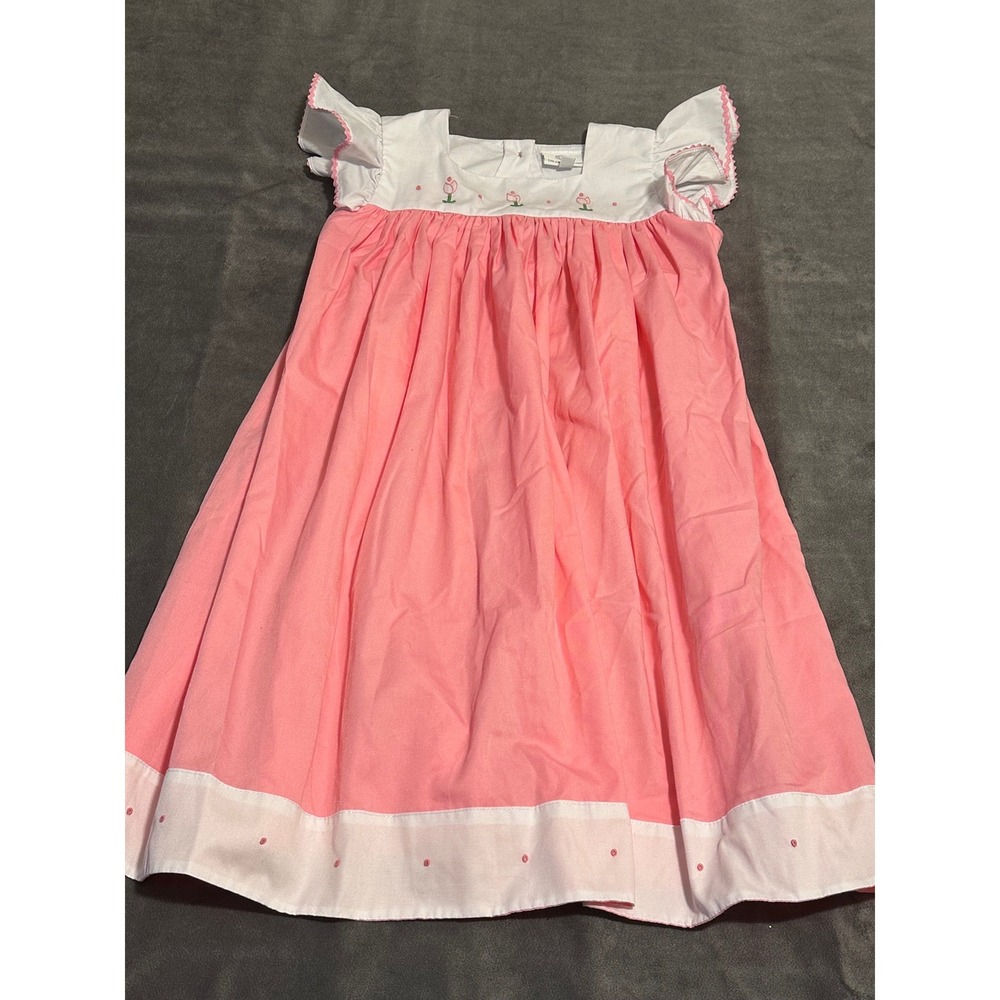 The Proper Peony Girls Pink Tulip Embroidered Flutter Sleeve Dress Size 6Y